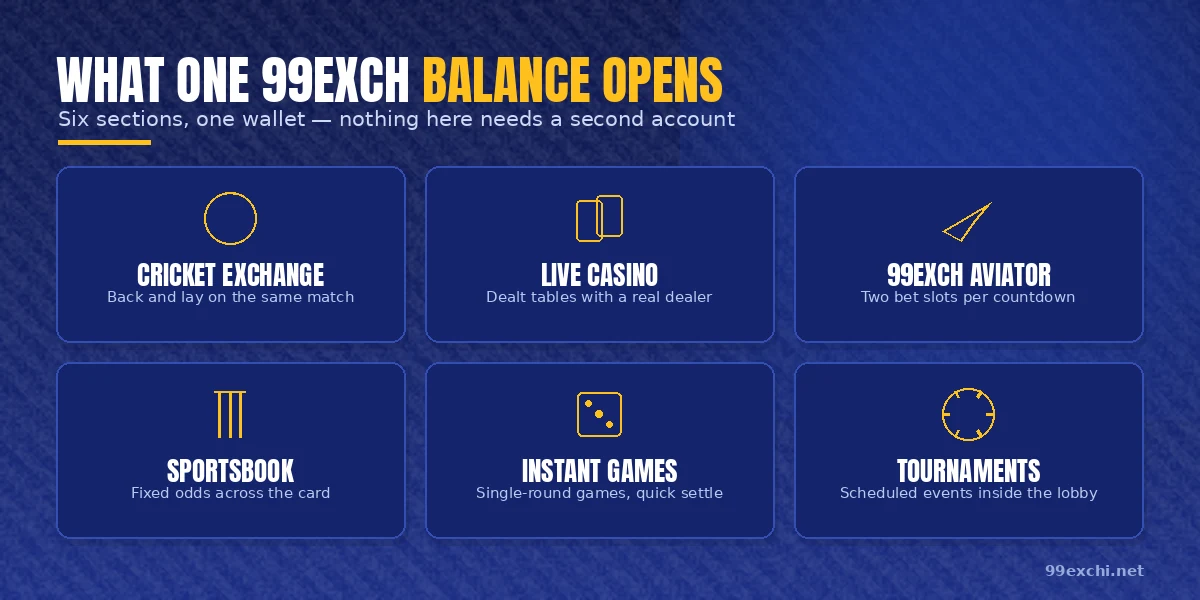 Six-tile grid of what a single 99Exch balance opens, from the cricket exchange through to tournaments